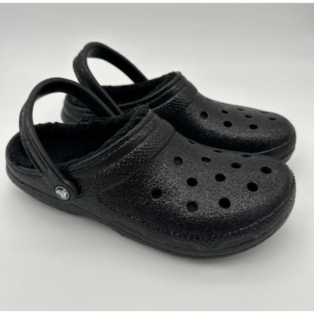 CROCS‎ Classic Fuzz Lined Glitter Clog Black M-10 W-12 NWT